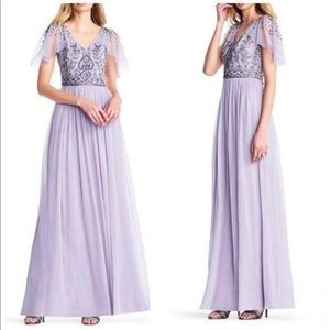 NWT adriannaPapell Beaded FlutterSleeve Chiff Gown
